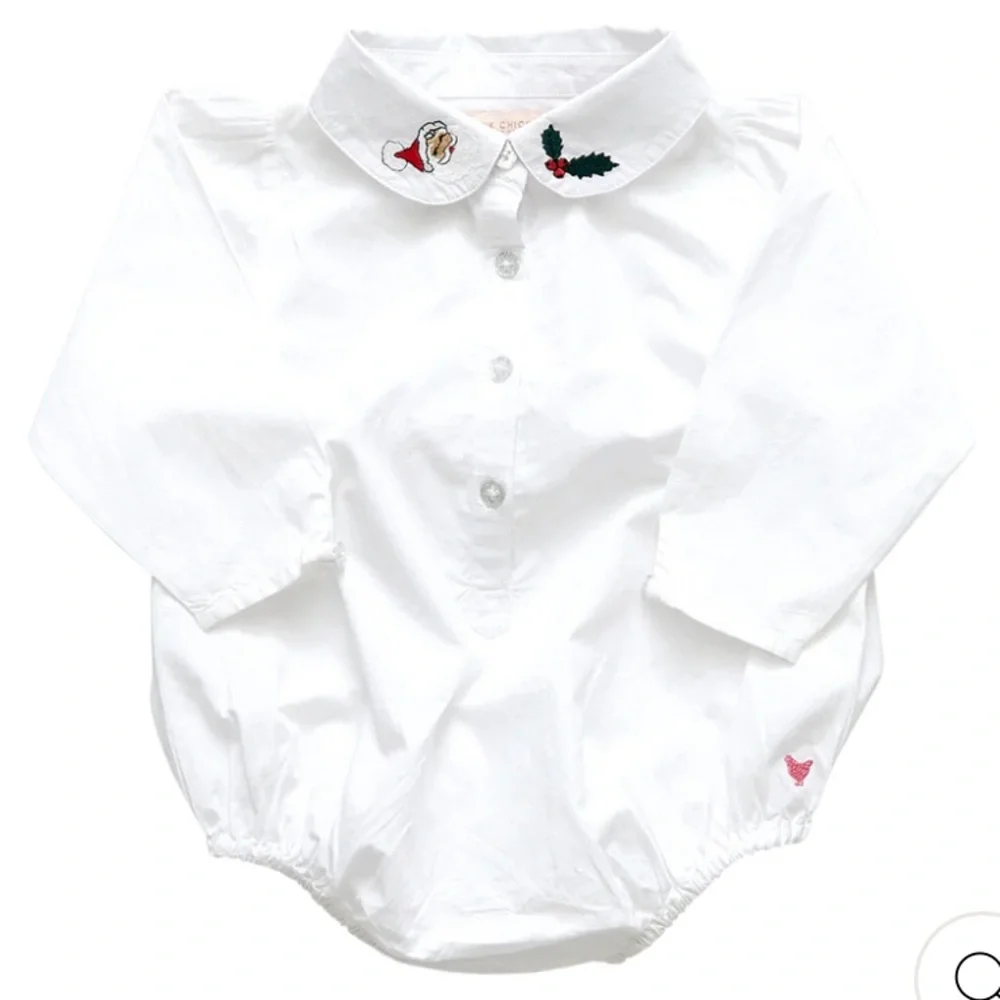 Pink Chicken White Baby Collar Bodysuit-Holiday Embroidery